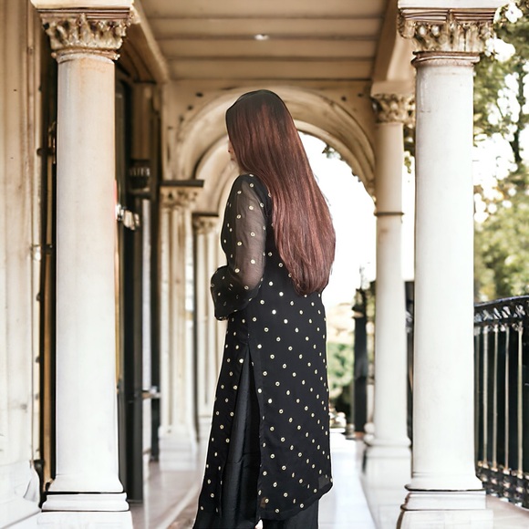 Pakistani dress, shalwar kameez, Black & Gold Mirror-Work Kurti with Silk Pant - Picture 4 of 11